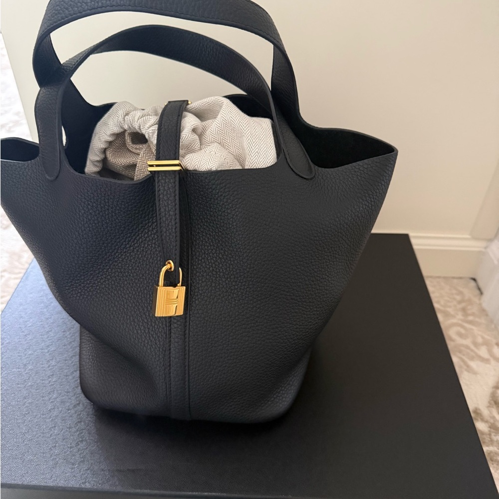 Hermes Black Pebbled Leather Tote with Gold Hardware and Cream Drawstring
